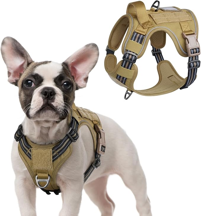 rabbitgoo Tactical Dog Harness for Small, No Pull Military Service Vest | Molle & Handle, Heavy Duty, Adjustable, Reflective Straps, Easy Control for Training Walking, Brown, Small