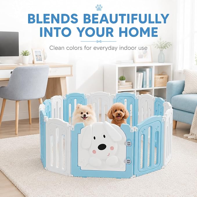Puppy Play Pen for Indoors, Foldable Puppy Playpen With Cute Dog Shape Door, Puppy Playpen for Indoor Small Dogs, 25.5" H 10-Panel Adjustable Puppy Craten for Living Room and Bedroom(Blue&White)