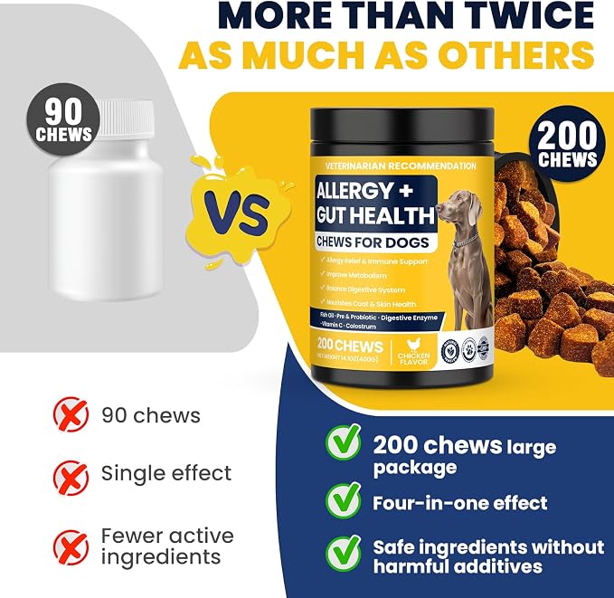 Dog Allergy Chews Probiotics for Dogs For Yeast 200ct, Itchy Skin and Itchy Ears Itch Relief Immune Pre Chews for Pet Digestive Gut Health Anti Itch for Itching and Licking / Dogs Yeast Supplement
