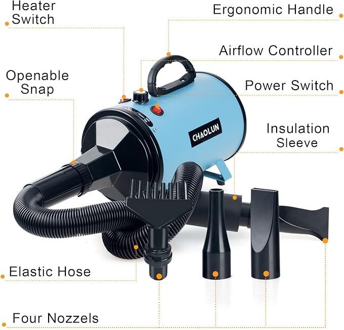 High Velocity Dog Grooming Dryer, Pet Blow Dryer with Heater, Blue