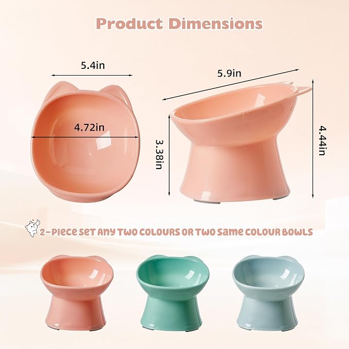 KSIA Klear Elevated Cat Bowls 2 Pack, Tilted Raised Cat Bowl for Food and Water, 4.72" Wide, Whisker Friendly Anti Vomit for Indoor Cats, Microwave and Dishwasher Safe, Pink