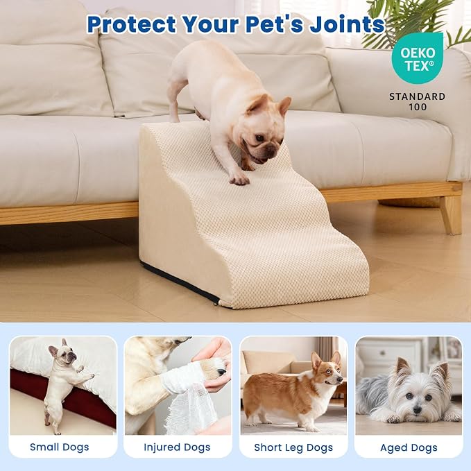 Airpanda Dog Stairs for Small Dogs and Cats – 3 Step Pet Ramp for Couch & Sofa, Non-Slip Dog Steps for Pets, Washable Cover, High-Density Support Foam for Easy Climbing,Beige