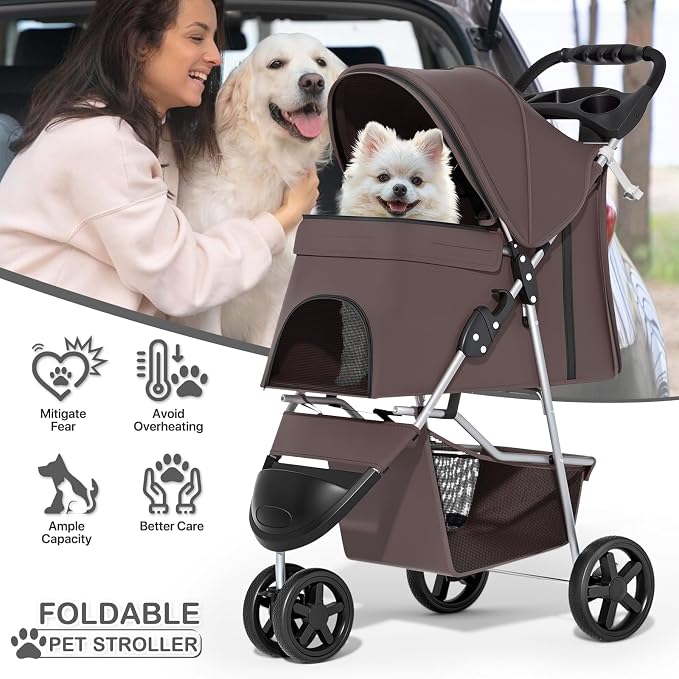 MoNiBloom Foldable Pet Stroller - Coffee, up to 33lbs