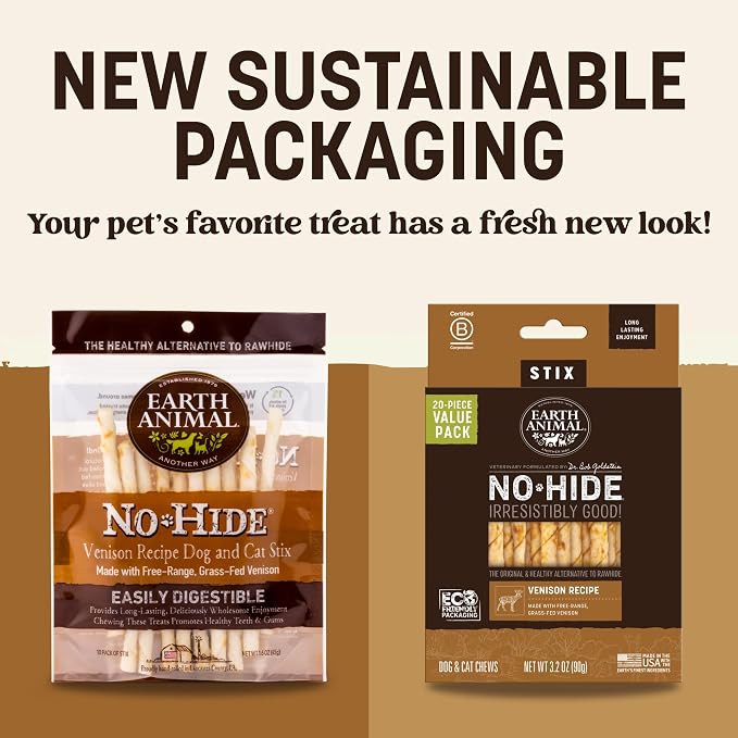 Earth Animal No Hide Stix - Long Lasting Rawhide Free Small Dog Chews Sticks, Venison - 40 Count Extra Value Pack