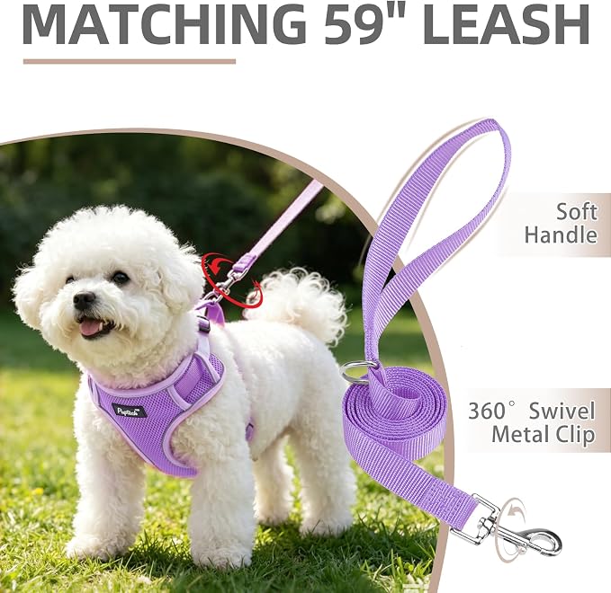 PUPTECK Soft Mesh Small Dog Harness and Leash Set Pet Puppy Cat Adjustable Reflective Padded Vest No Pull Harnesses, Purple, M