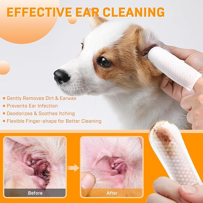 Dog Ear Wipes, Ear Cleaner Finger Wipes for Dogs & Cats