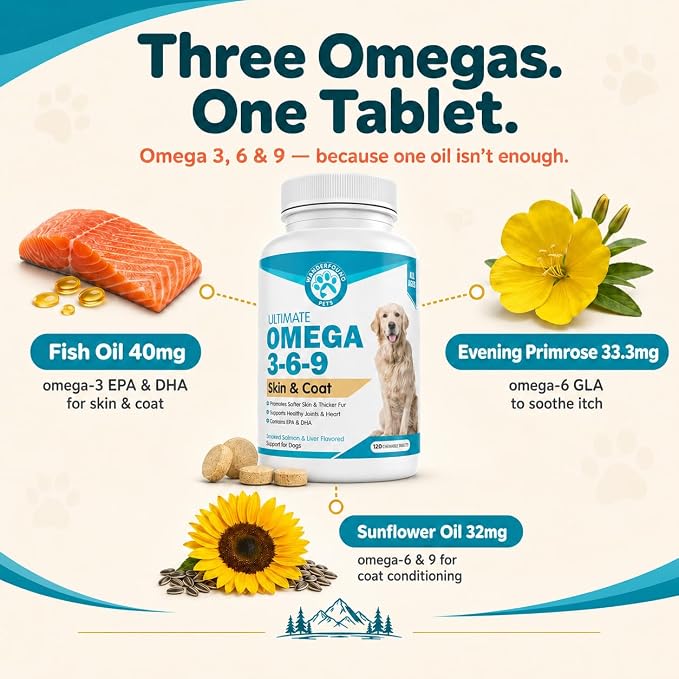 Wanderfound Pets - Omega 3 Fish Oil for Dogs, Smoked Salmon and Liver Flavor, 120 Chewable Tablets