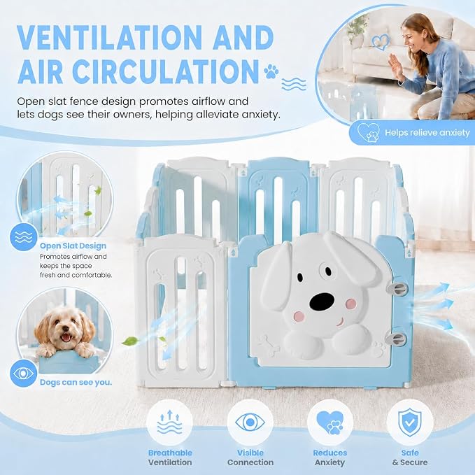 Puppy Play Pen for Indoors, Foldable Puppy Playpen With Cute Dog Shape Door, Puppy Playpen for Indoor Small Dogs, 25.5" H 10-Panel Adjustable Puppy Craten for Living Room and Bedroom(Blue&White)