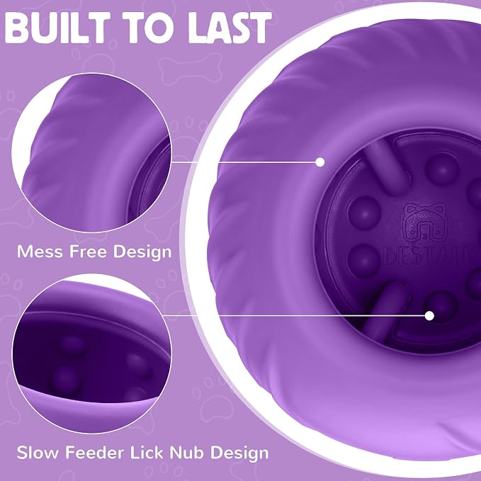 Long-Lasting Dog Lick Toy, Wobbly Dog Enrichment Lick Bowl to Keep Dogs Busy, Interactive Stuffable Dog Treat Feeder for Boredom, Silicone Treat Dispensing Chew Toy(Purple,M)