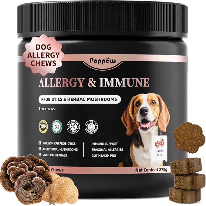 Dog Allergy Chews - Paw Licking, Seasonal Allergy & Itch Relief - Probiotics for Dogs Immune & Gut Health with Turkey Tail Mushroom, Pumpkin - Bacon Flavor - 90 Count