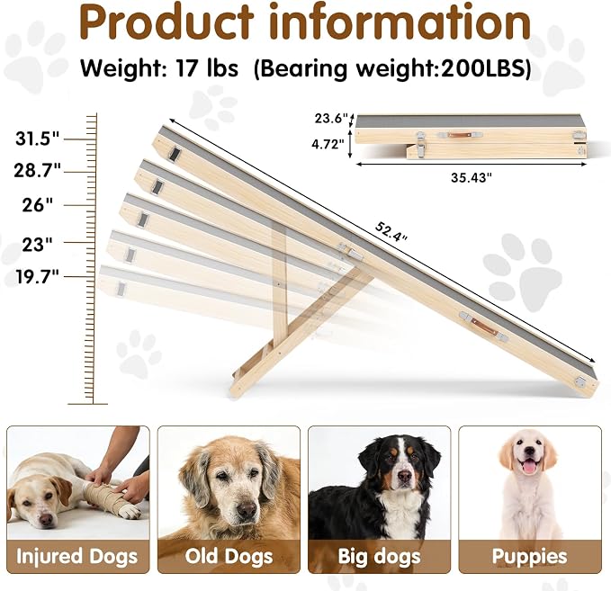 Foldable Dog Ramp for High Beds & SUVs, 63 Inch with High-Traction Mat. Adjustable Height (19.7"-31.5") for Medium, Large & XL Dogs - Portable Pet Stairs Alternative