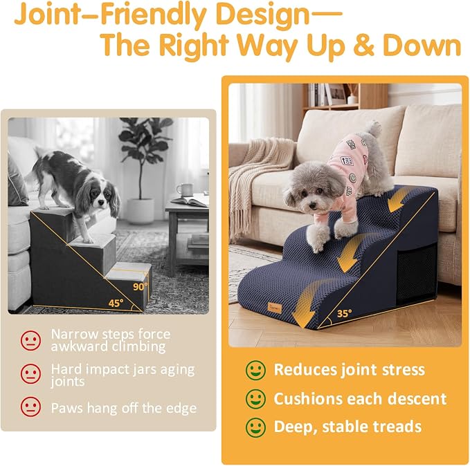 Topmart 3 Tiers Foam Dog Ramps/Steps,Non-Slip, Extra Wide Deep Dog Stairs,High Density Foam Pet Stairs/Ladder,Best for Older Cats,Small Pets,Blue