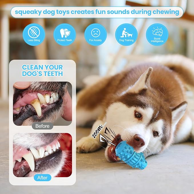 PIFFZEDO Natural Rubber Squeaky Dog Chew Toy for Large Aggressive Chewers | Indestructible large squeak toy, tough chew toy for power chewers, birthday gift, cleans tartar, azure large size
