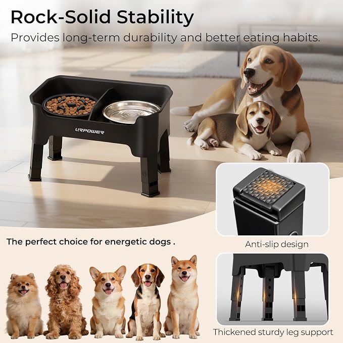 URPOWER Mess Proof Elevated Dog Bowls, High Wall Splash Guard Design, 4 Height Adjustable Raised Bowl Stand with Stainless Steel Bowl & Slow Feeder Bowl, Non-Slip Food Water Set for Small, Medium Dogs