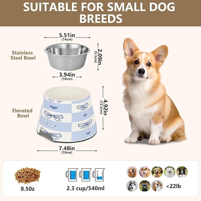 Blueangle Elevated Dog Bowls with Stainless Steel - Non-Slip 2.3 Cup High Capacity Pet Dish for Spinal Health & Cute Bows Design（414）
