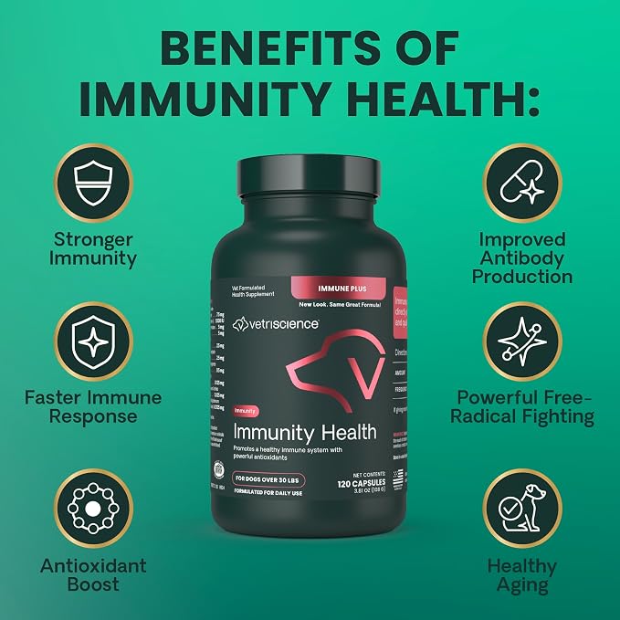 VetriScience Immunity Health for Medium and Large Dogs, 120 Count | Immune Support Supplement for Medium & Large Breed Dogs with Vitamin C, CoQ10 & L-Lysine, Hypoallergenic Formula