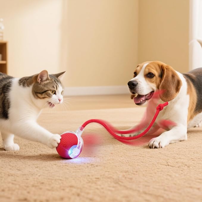 Interactive Automatic Rolling Electronic Stimulation Chase Ball Cat Dog Toy | Smart Electric Moving Stimulating Rechargeable Motion Activated Self Play Teaser for Boredom Small Dog Puppy Pet, with Rope