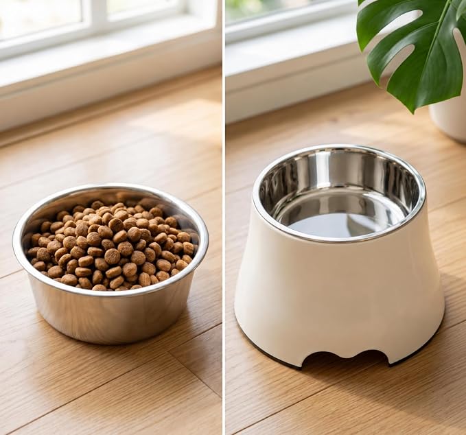 Elevated Single Dog Bowl with Stainless Steel Bowl, Orthopedic Neck Protection Non-Slip Pet Food & Water Bowl for Small Medium Dogs, Cone Friendly, Senior Spaniel Long-Eared Dogs (White, Size M)