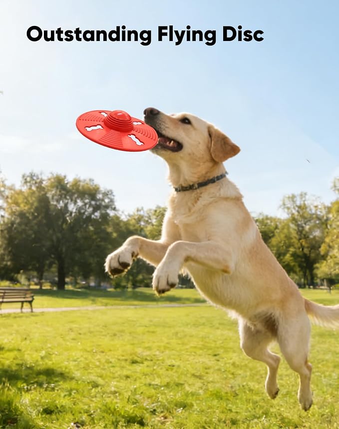 Squeaky Natural Rubber Dog Flying Disc/Frisbee/Flyer with Black Ball Gift | Water-float Natural Rubber Dog Frisbee for Outdoor, Spaceship Shaped 6.5'' Squeaky Interactive Fetch Toy for Anxiety Relief
