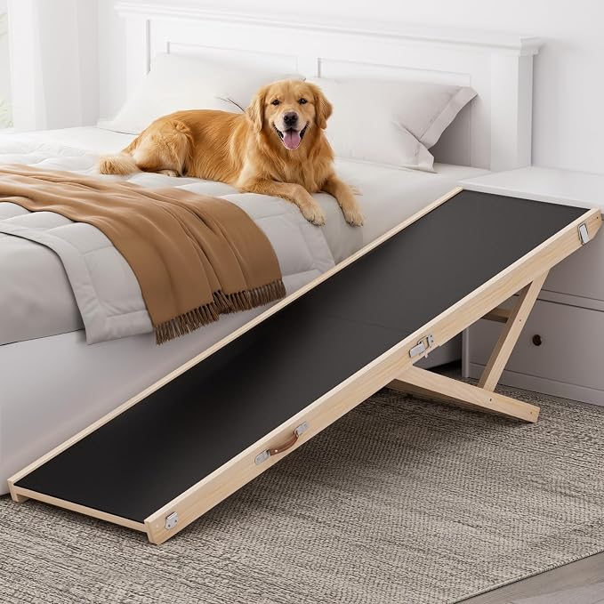 Dog Ramp for High Bed, Couch, Car, 64" Long Foldable Pet Ramp & 5 Adjustable Heights 19.7"-31.5" Wooden Dog Step with Anti-Slip Yoga Mat for Small Medium Large Older Pets, up to 200lbs