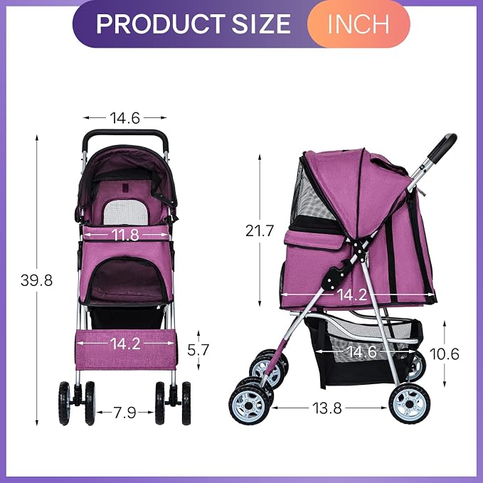 BestPet Pet Stroller - Purple, 4 Wheels