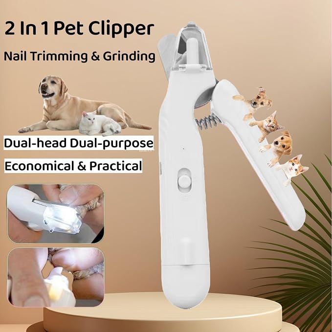 Quiet 2-in-1 Dog & Cat Nail Clippers & Grinder with LED, White