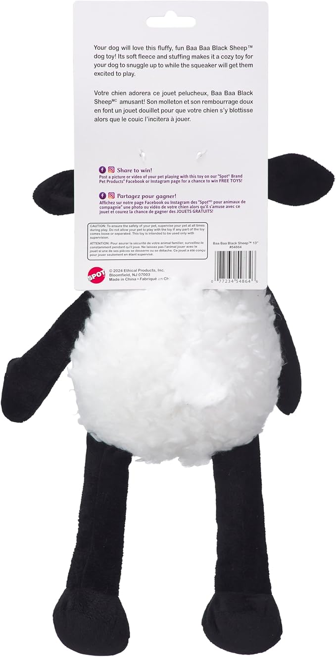 SPOT Baa Baa Black Sheep Plush Dog Toy - Cute and Cuddly Fleece Toy with Squeaker for Medium to Large Dogs and Puppies, 13in Black and White Lamb