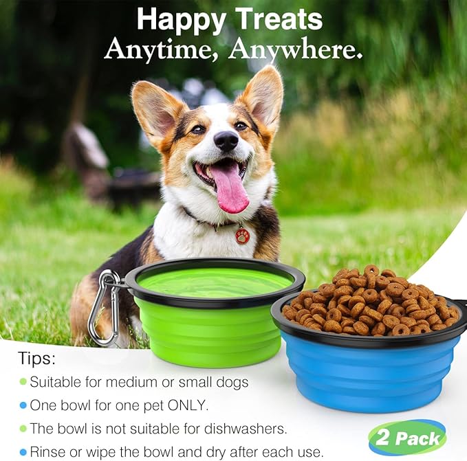 Pawaboo Silicone Collapsible Dog Bowls, 2 Pack, Blue+Green