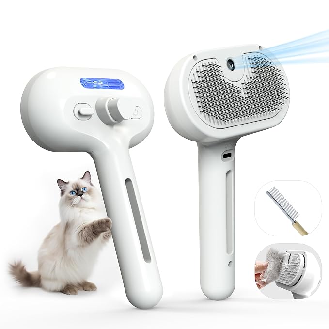 Pet Grooming Brush with Electronic Mist Spray, White