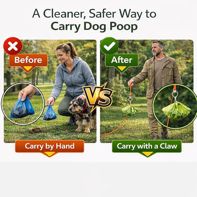 Portable Dog Poop Scooper for Walks, One-Handed No-Touch Pet Waste Pickup Claw with Used Poop Bag Holder Clip, Compact Travel Pooper Scooper for Dog Walking, Orange Gray (White Orange)