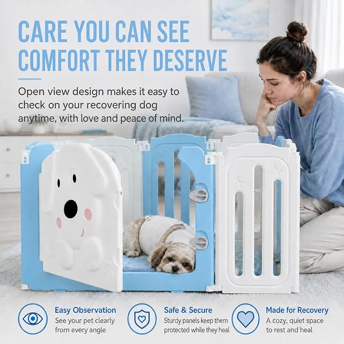 Puppy Play Pen for Indoors, Foldable Puppy Playpen With Cute Dog Shape Door, Puppy Playpen for Indoor Small Dogs, 25.5" H 10-Panel Adjustable Puppy Craten for Living Room and Bedroom(Blue&White)