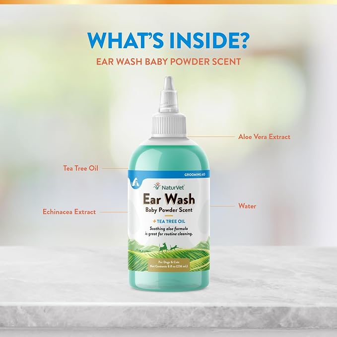NaturVet Ear Wash with Tea Tree Oil, Aloe & Baby Powder Scent, 8 oz