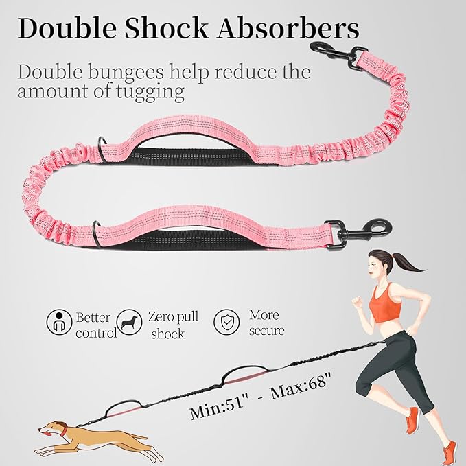 iYoShop Hands Free Dog Leash with Zipper Pouch, Baby Pink, 8-25 lbs, Medium | Waist Leash, Dual Padded Handles, Shock-Absorbing Bungee, Adjustable Waist Belt, Walking and Running