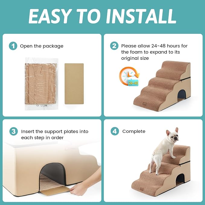 COZY KISS Small Dog Stairs with Tunnel, 5 Step Pet Ramp for High Bed | Curved Stable Dog Step for Puppy, Older Cat, Senior, Medium, Short-Legged Dog, Non-Slip Ladder for Car, 22.4" H, Light Brown