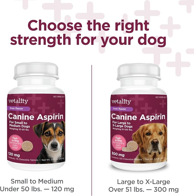Vetality Canine Aspirin for Dogs | Fast Pain Relief | Small to Medium Dogs | Liver Flavor | 75 Chewable Tablets