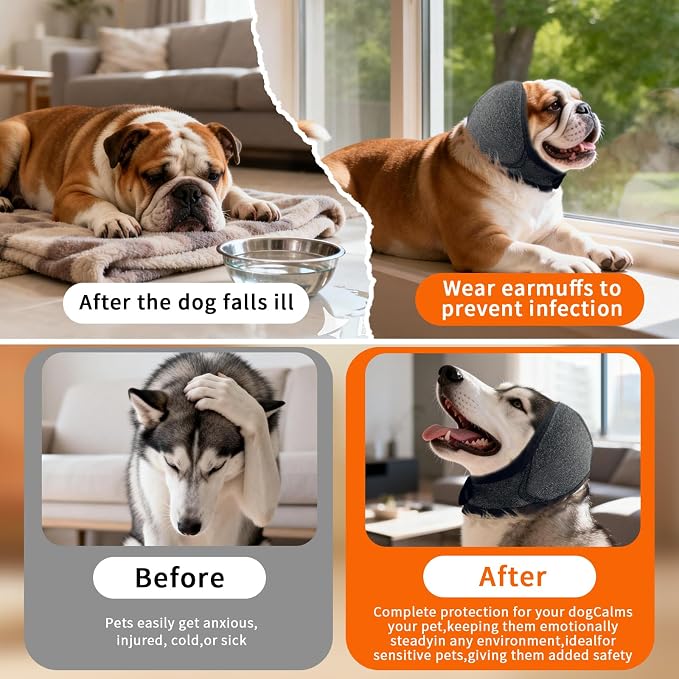 2Pcs Dog Ear Muffs Noise Protection Anxiety Relief for Fireworks Thunder, No Flap Ear Wrap Ear Covers for Bathing Swimming Grooming, Waterproof Elastic Adjustable Dog Snood Comfortable Quiet (Grey, L)