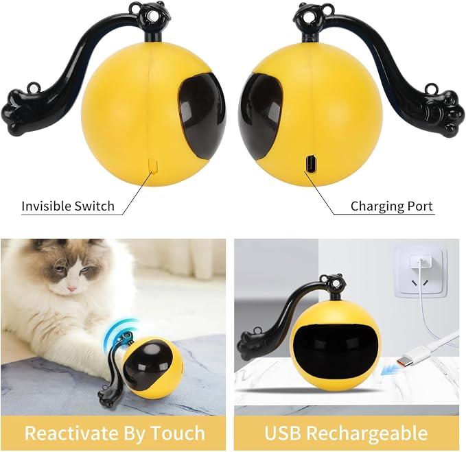 Electric Interactive Cat Feather Toy Ball for Indoor Cats,Turbo Tail Mouse Chase with LED Remote Control Cat Toy,Electric Automatic Moving Ball, Motion Activate Chirping Bird Sound Yellow
