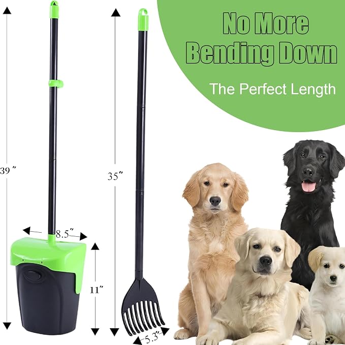 ienjoyed Pooper Scooper Large Swivel Bin & Rake with 160 Waste Bags,Heavy Duty Dog Pooper Scooper with Bag Attachment for Dogs, Long Handle Poop Scooper with Lid for Yard, Grass, Gravel(Green)