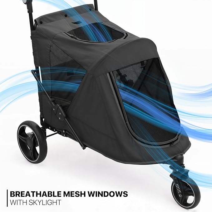 MoNiBloom 3-Wheel Pet Stroller for Large Dogs - Black, up to 55lbs, Dual Entry