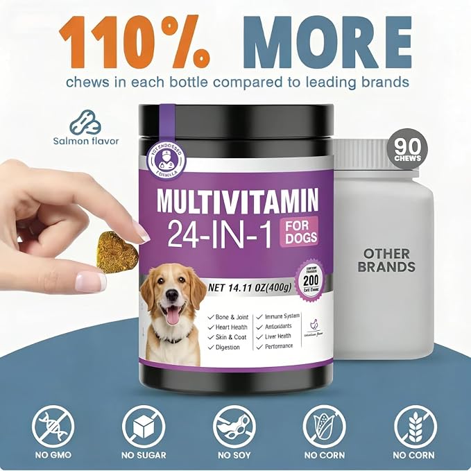 24-in-1 Dog Vitamins and Supplements, Dog Multivitamin Chewable with Glucosamine, Chondroitin, Probiotics & Omega 3 for Skin and Coat, Hip and Joint, Gut and Immune Support, 200 Chews