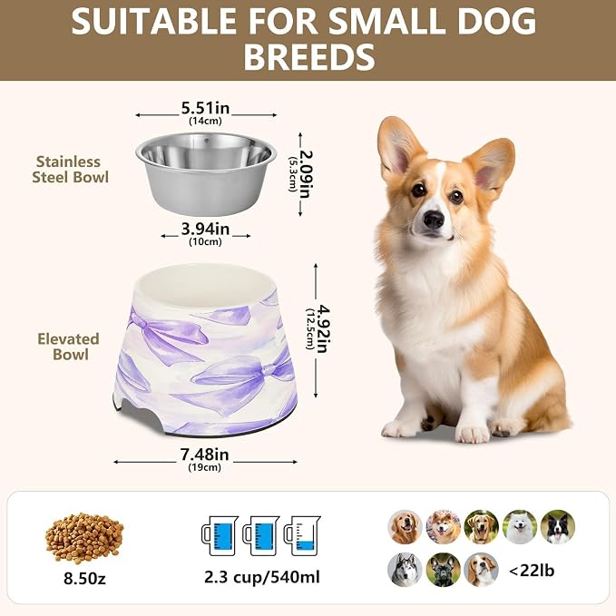 Blueangle Elevated Dog Bowls with Stainless Steel - Non-Slip 2.3 Cup High Capacity Pet Dish for Spinal Health & White Bows Design（175）