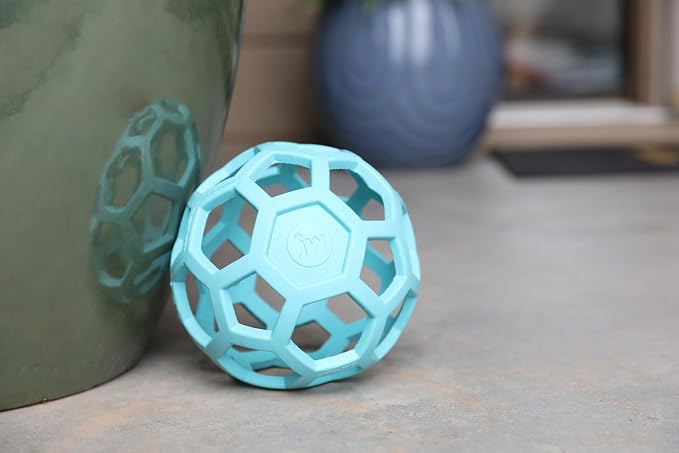 JW Pet HOL-ee Roller Dog Puzzle Ball, Large 5.5in, Natural Rubber, Blue | Puzzle Ball Design Dog Toy for Interactive Play and Chasing Fun
