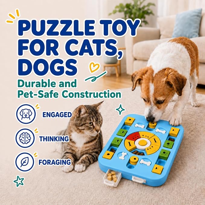 Interactive Dog Puzzle Toy, Maze Slow Feeder, 15.4 in | Dog Treat Puzzle, ABS and PP plastic, non-slip rubber feet, top-rack dishwasher care, light blue, Cat Treat Puzzle