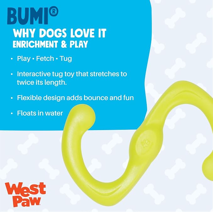 West Paw Zogoflex Bumi Dog Tug Toy – S-Shaped, Lightweight Chew Toys for Fetch, Play, Pet Exercise – Tug of War Soft Flinging Squishy Chewy Toy for Dogs – Guaranteed, Latex-Free, Small, Granny Smith