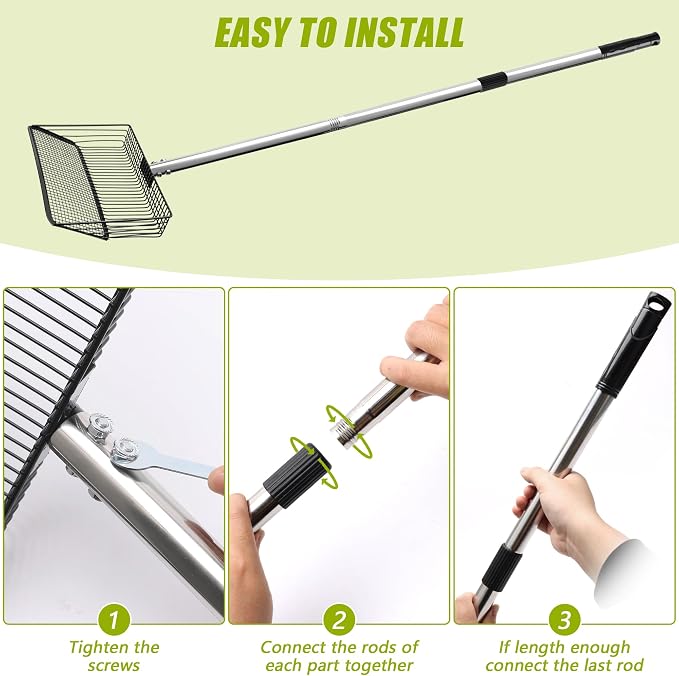 Windspeed 3 in 1 Metal Chicken Poop Scooper 10'' Wide, 61'' Long Adjustable Chicken Coop Pooper Scoop Sifting Shovel Litter for Poultry Litter Scooper Supplies (34-61 in)