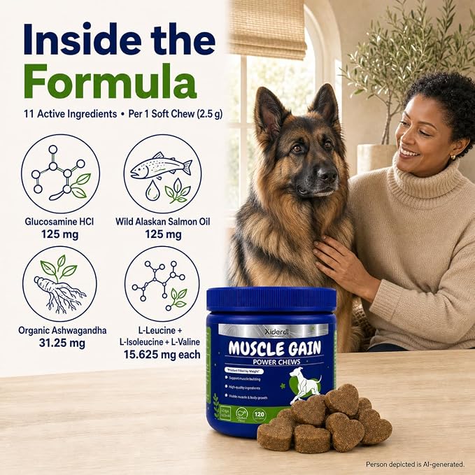 11-in-1 Muscle & Weight Support Chews for Dogs – High Protein Supplement with Amino Acids, BCAAs, Antioxidants & Vitamins – Muscle Support Soft Chews for Puppies & Adult Dogs, 120 Count