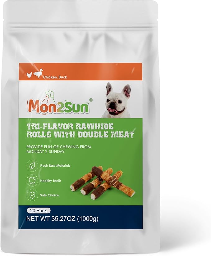 MON2SUN Dog Treats, Triple Flavor 6 Inch Chicken Liver Duck and Chicken Wrapped Rawhide Sticks, Teeth Cleaning Snacks for Medium Dogs, 35.27 oz (20 Count-Pack of 2)