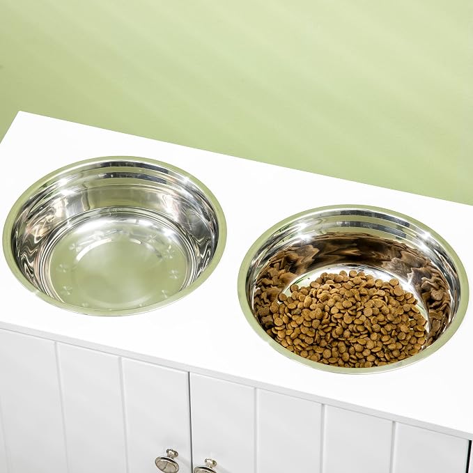 PawHut Large Elevated Dog Bowls with Storage Cabinet Containing Large 44L Capacity, Raised Dog Bowl Stand Pet Food Bowl Pet Feeding Station, White
