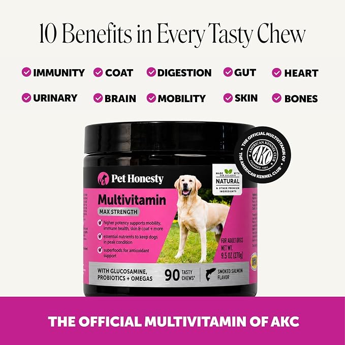 Pet Honesty Vet Recommended Max Strength Dog Multivitamin, 90 Ct, Salmon | 15-in-1 Dog vitamins with glucosamine, probiotics & omega-3, salmon, supports hip & joint stiffness, digestion & heart health