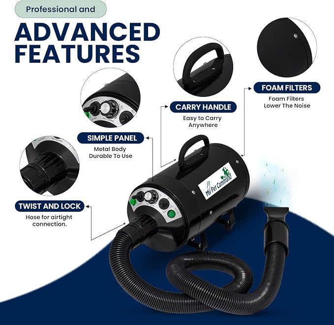 My Pet Command Professional 4.5HP Dog Dryer Blower High Velocity, 110V | 500W-2800W, Ultra Quiet, Adjustable Hot Cold Airflow and Windspeed , For Drying Deshedding, With 4 Nozzles and Slicker Brush